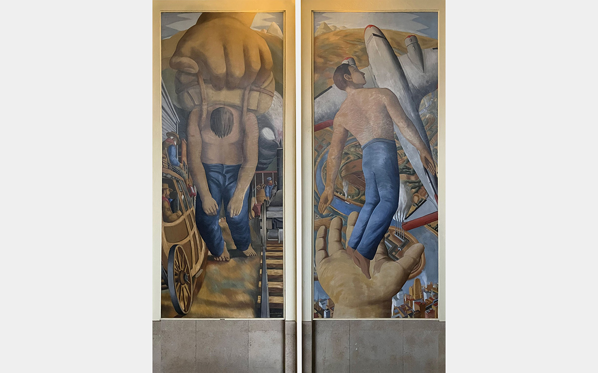 Both halves of the mural, featuring a person carrying a heavy backpack and a person flying with an airplane