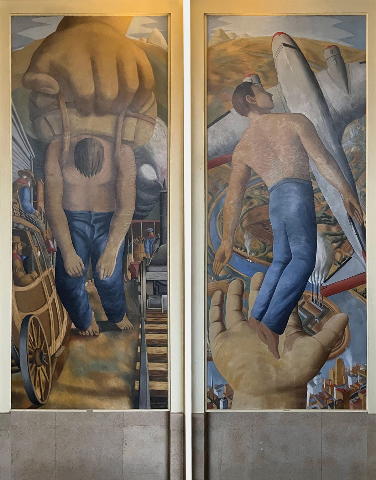 Both halves of the mural, featuring a person carrying a heavy backpack and a person flying with an airplane