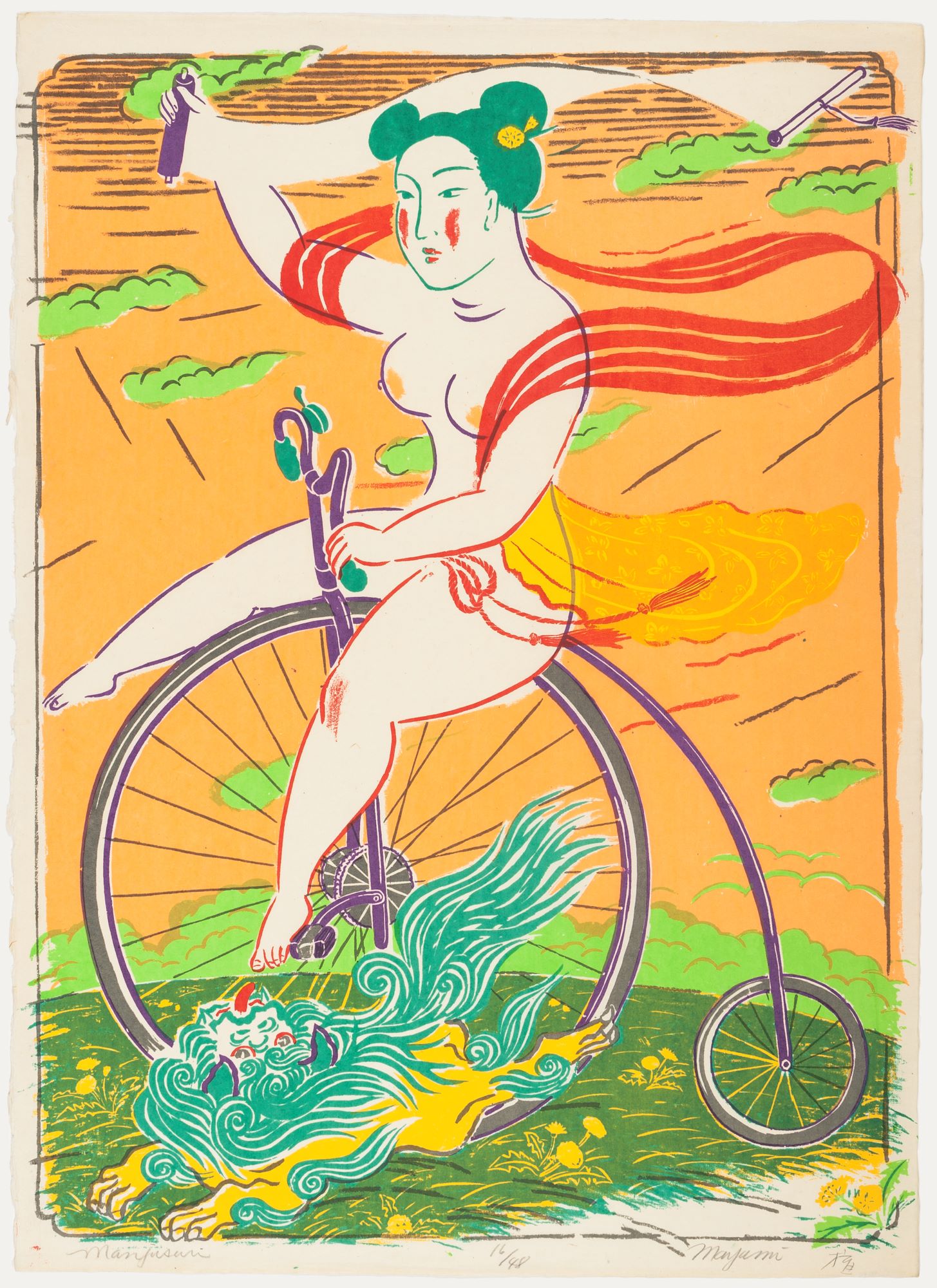 Mayumi Oda (Japanese, b. 1941), Manjusuri (On the Bicycle), 1980, color screen print, Cincinnati Art Museum; The Howard and Caroline Porter Collection, 1990.812, © Mayumi Oda/Licensed by VAGA at Artists Rights Society (ARS), NY