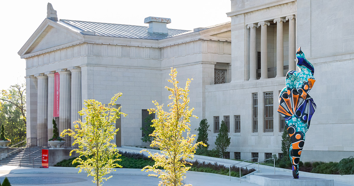 A colorful, twisting sculpture outside the Cincinnati Art Museum