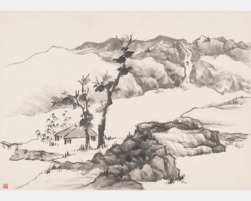 A black and white ink painting of a mountain range, valley, and house, with two tall trees by its side.