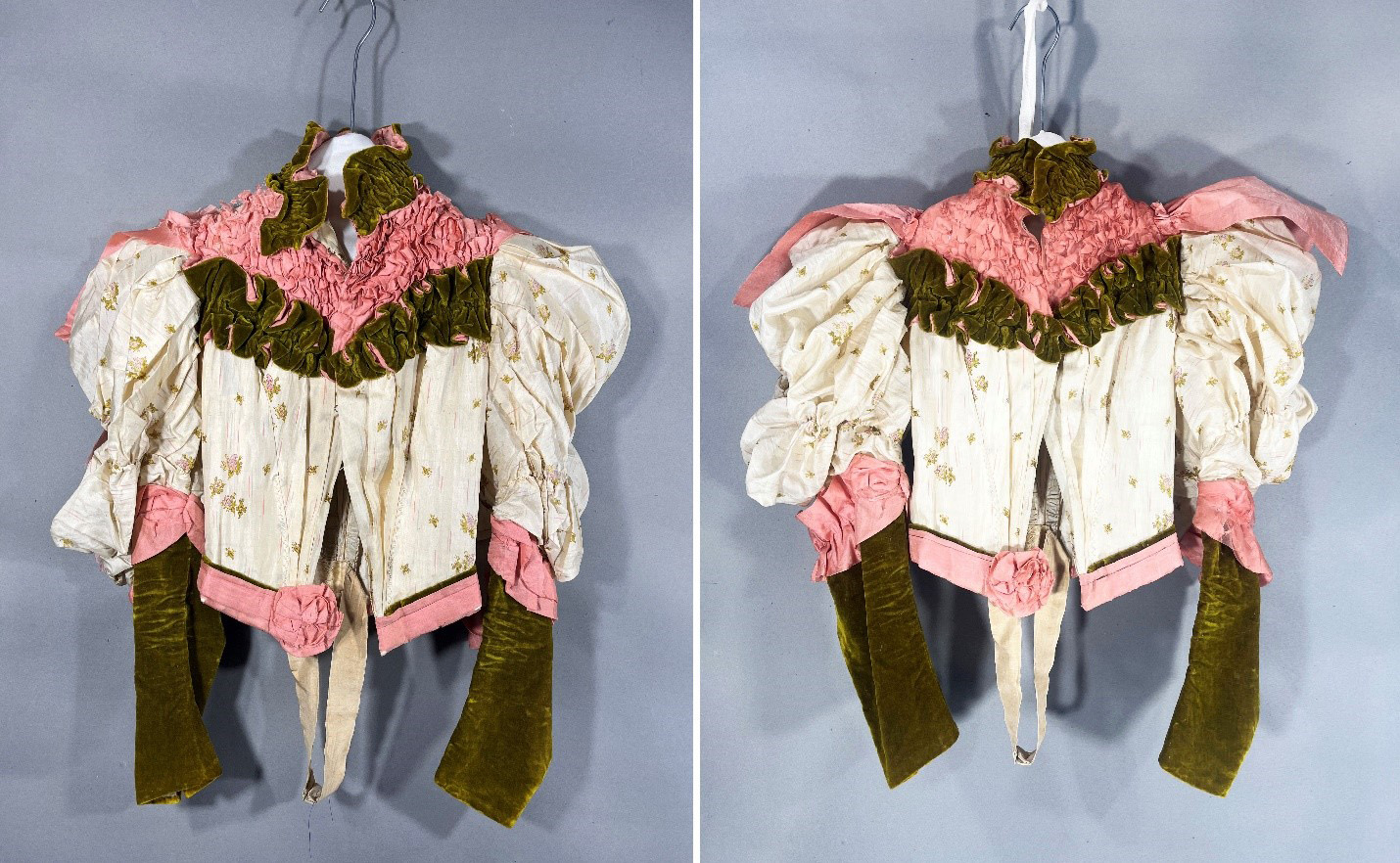 The front of the dress before and after treatment. The damaged pink ruffles are repaired