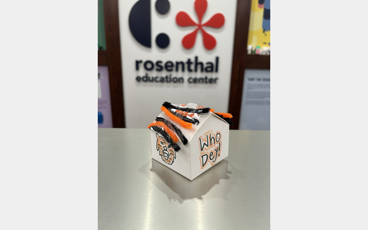 Small colorful model of a house on a tabletop with a "rosenthal education center" sign on wall in background.