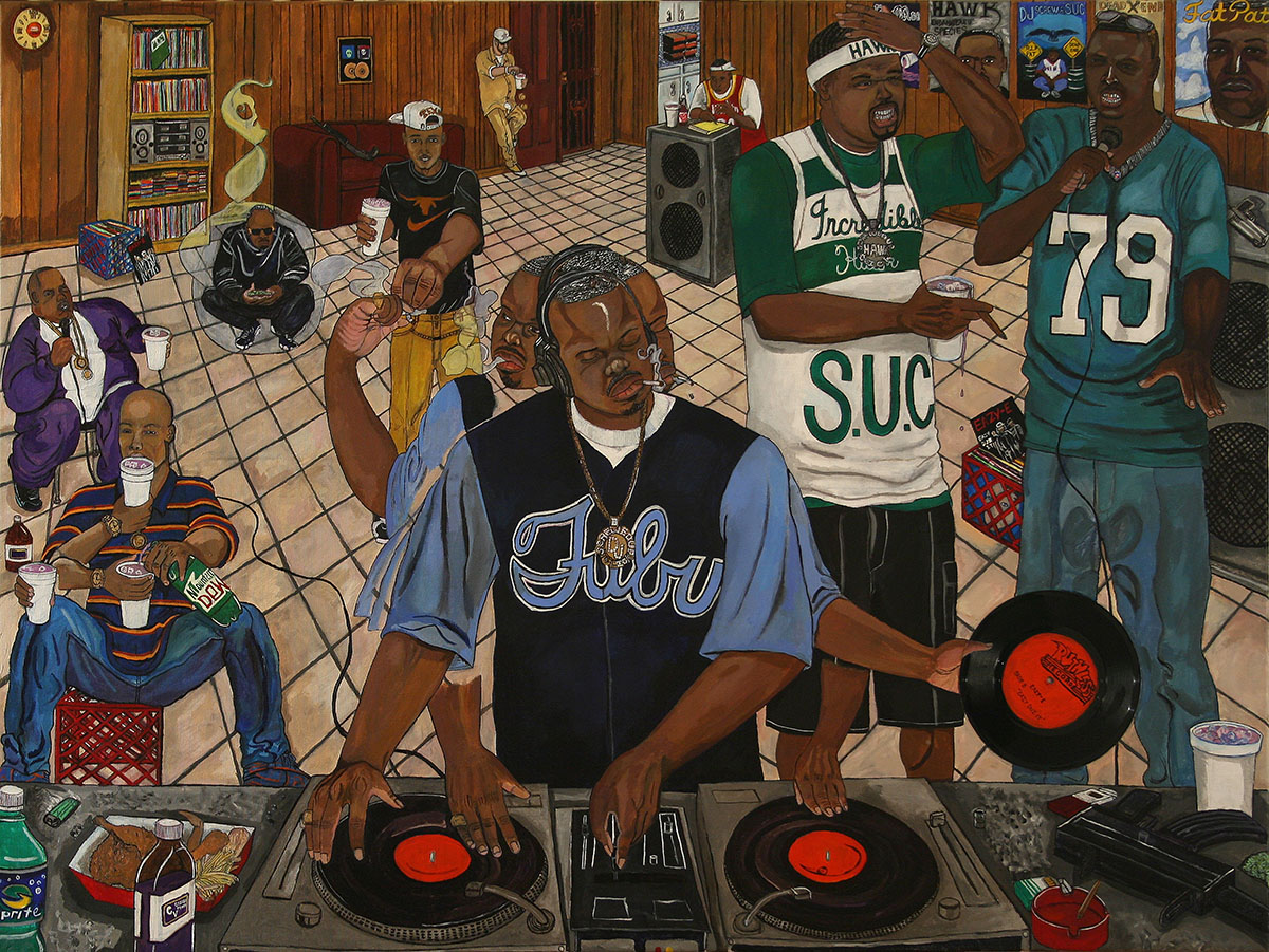 A colorful painting of many Black men in a large room completing various tasks associated with being a DJ. The main figure in the image is in motion. He wears a blue shirt and medallion and is at a turntable while the other men around him hold microphones and beverages.