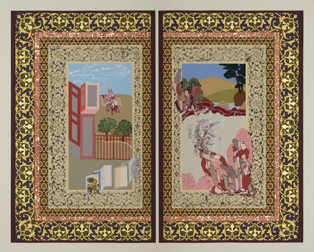 A diptych with gold floral framing and red, geometric shapes on the left and red, organic shapes on the right.