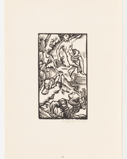 A woman and a man reach upward to the sky towards a young man carrying a lyre and floating in the air.