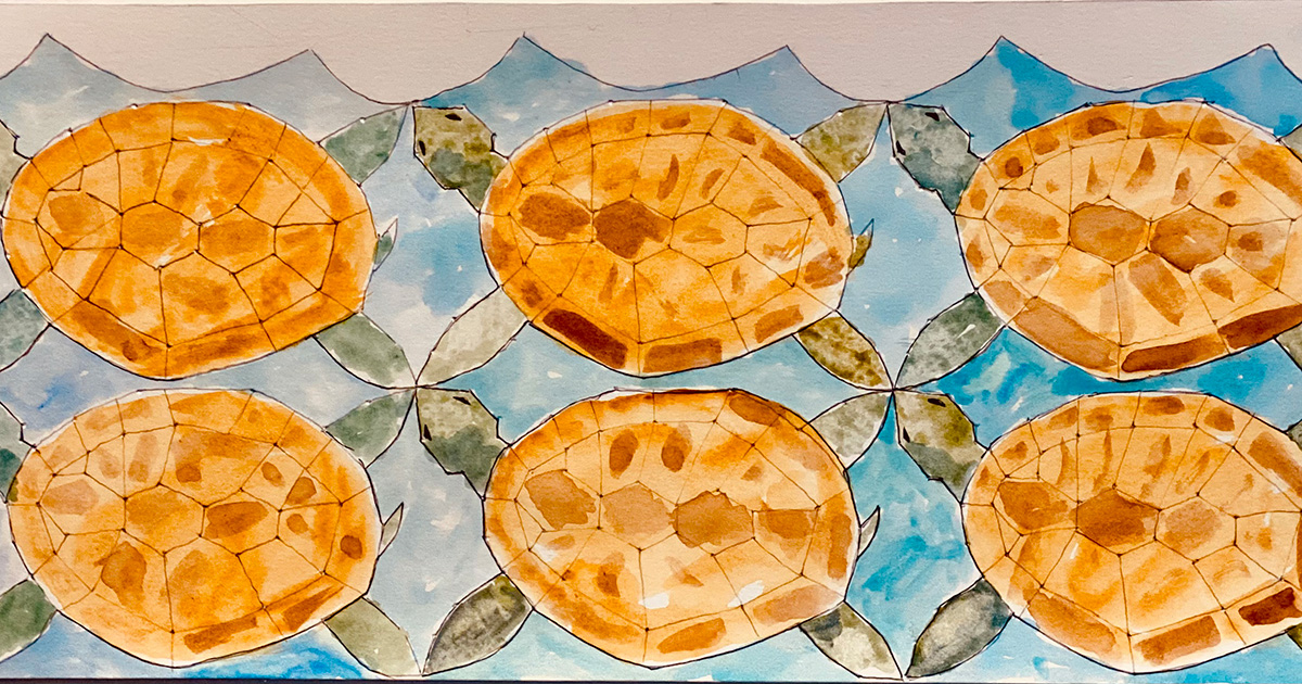 A tessellation of a turtle on a blue watercolor background