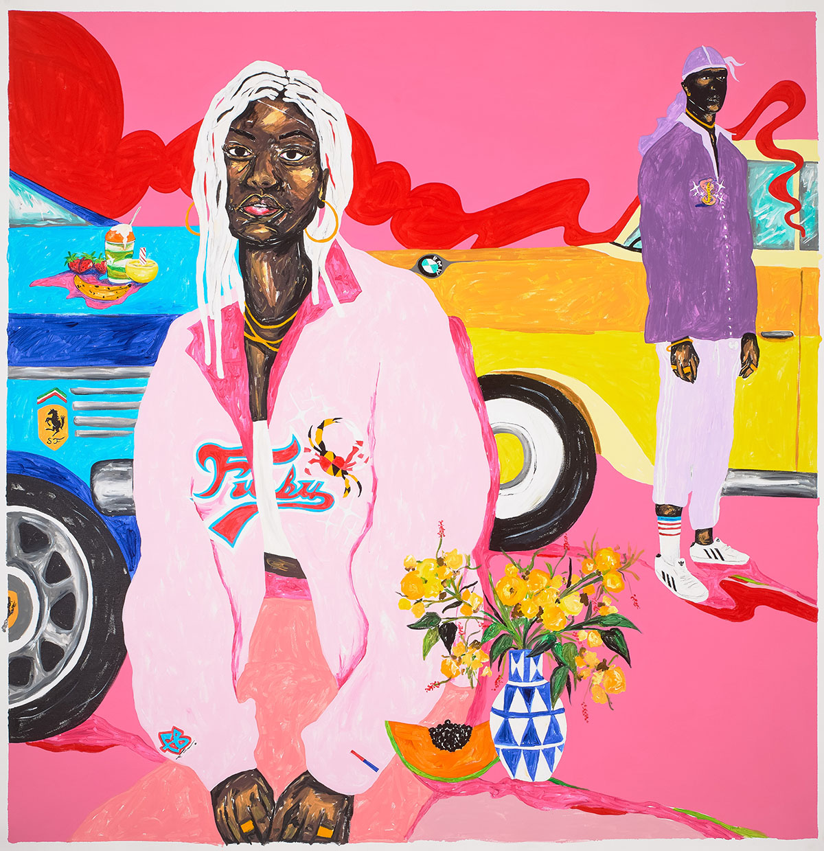 A painting of a Black woman wearing a pink jacket and sitting by fruit and flowers. In the background are two cars and a Black man wearing purple.